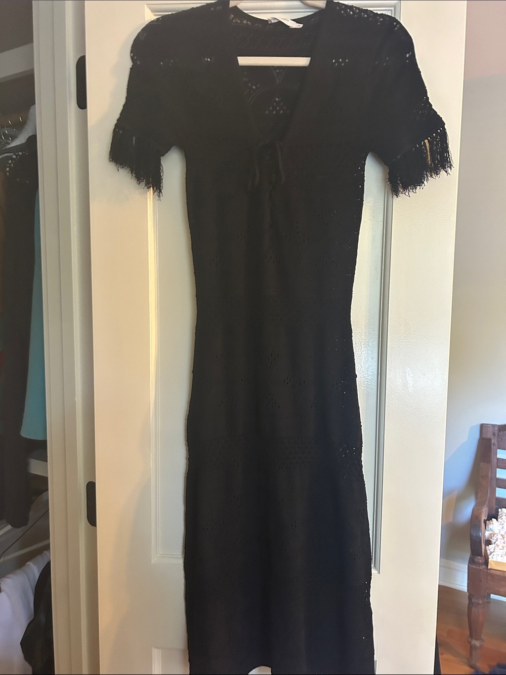 A.L.C. Black Crochet Midi Dress with Fringe Sleeves